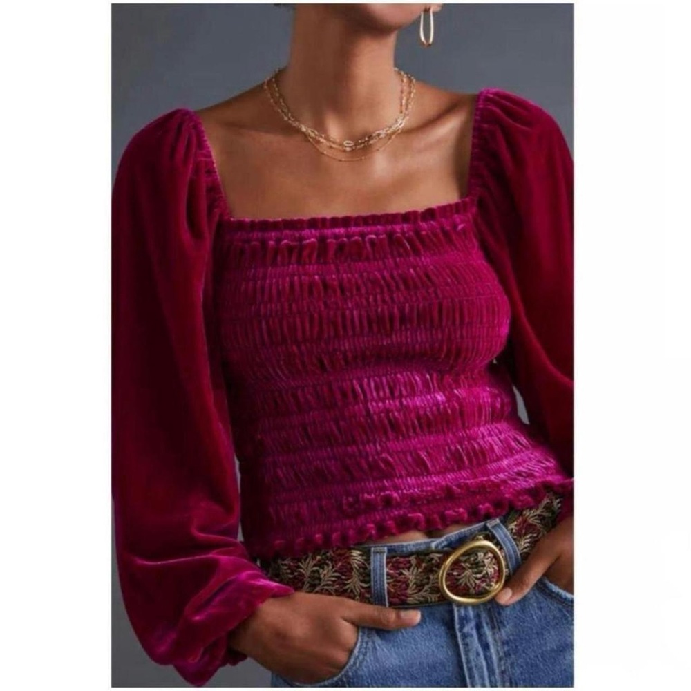 By Anthropologie M Balloon Sleeve Boho Smocked Crop Top